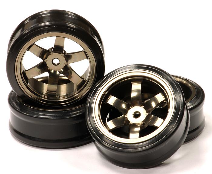 C23947BRONZE Machined Alloy 6 Spoke Wheel +3 Offset + Drift H-Tire (4) Set (O.D.=64mm) W=26mm - Image 1