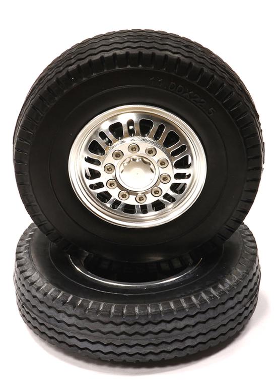 C24348SILVER Billet Alloy Front Wheel Type III+Tire Set for Tamiya 1/14 Scale Tractor Trucks - Image 1