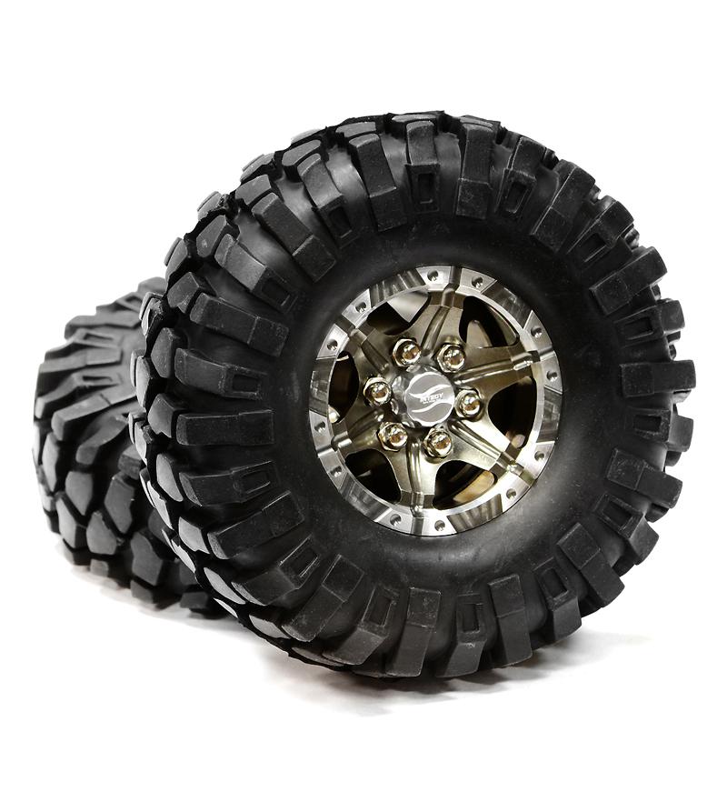 C24753GUN Billet Machined 6 Spoke XQ 1.9 Wheel & Tire (2) for Scale Crawler (O.D.=110mm) - Image 1