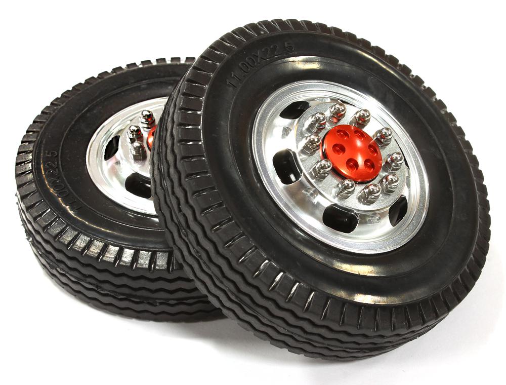 C25546RED Billet Machined Alloy Front Wheel 12R +Tire for Tamiya 1/14 Scale Tractor Trucks - Image 1