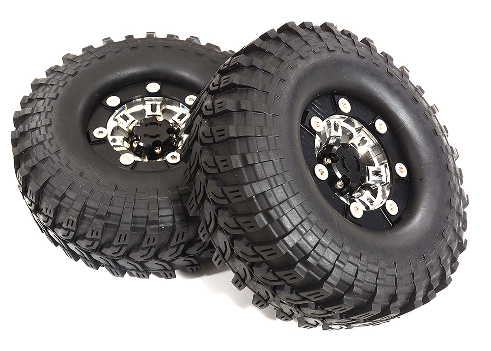 C26381BLACK Billet Machined X9 Spoke 1.9 Wheel & Tire Set (2) for Scale Crawler (O.D.=113mm) - Image 1