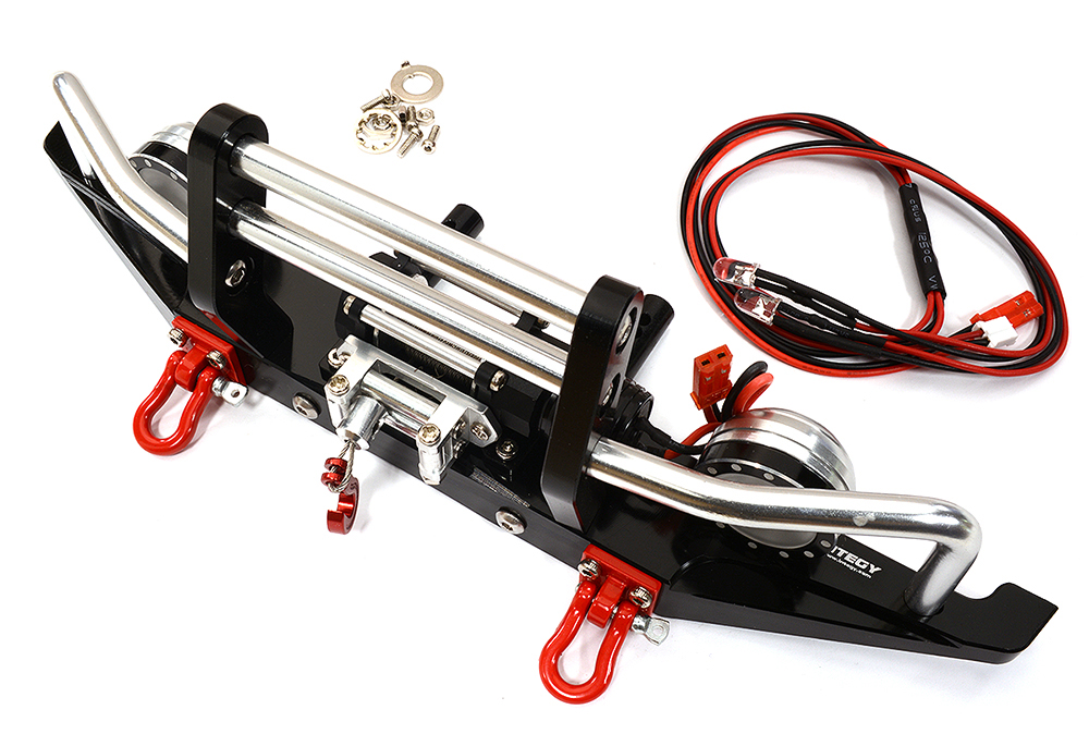 C26546BLACK Machined Front Bumper w/ Winch & LED (2) for SCX-10 Dingo & Honcho 43mm Mount - Image 1
