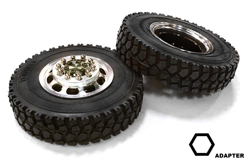 C26575GUN Machined Alloy T5 Front Wheel & XD Tire Set for Hex Type 1/14 Scale Trucks - Image 1