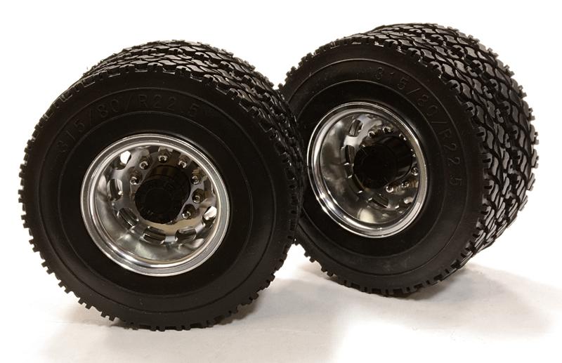 C26579BLACK Machined Alloy T5 Rear Dually Wheel & XC Tire for Tamiya 1/14 Scale Trucks - Image 1