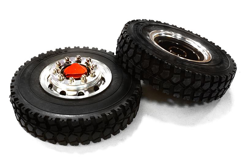 C26582RED Machined Alloy T6 Front Wheel & XD Tire Set for Tamiya 1/14 Scale Tractor Trucks - Image 1
