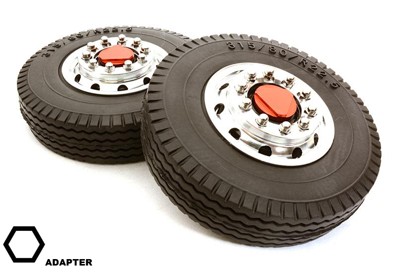 C26583RED Machined Alloy T6 Front Wheel & XE Tire Set for Hex Type 1/14 Scale Trucks - Image 1
