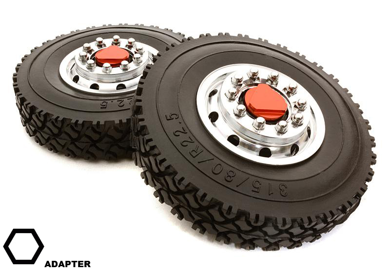 C26585RED Machined Alloy T6 Front Wheel & XC Tire Set for Hex Type 1/14 Scale Trucks - Image 1