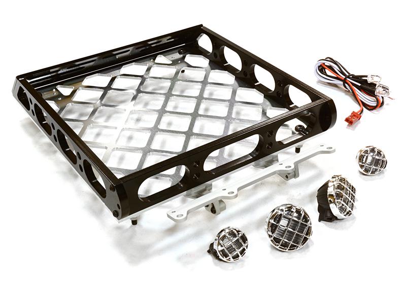 C26596BLACK Realistic 1/10 Scale Alloy Luggage Tray 167x134x29mm with 4 LED Spot Light Set - Image 1