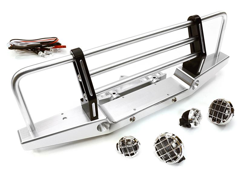 C26763SILVER Realistic 1/10 Front Bumper w/ 43mm Mount & LED Lights for Axial SCX-10 Crawler - Image 1