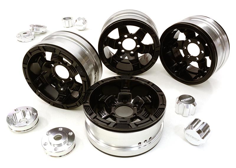 C26877SILVER Billet Machined 6 Spoke Wheels w/ 6 Bolt S-Adapters for Most 1.9 Scale Crawler - Image 1