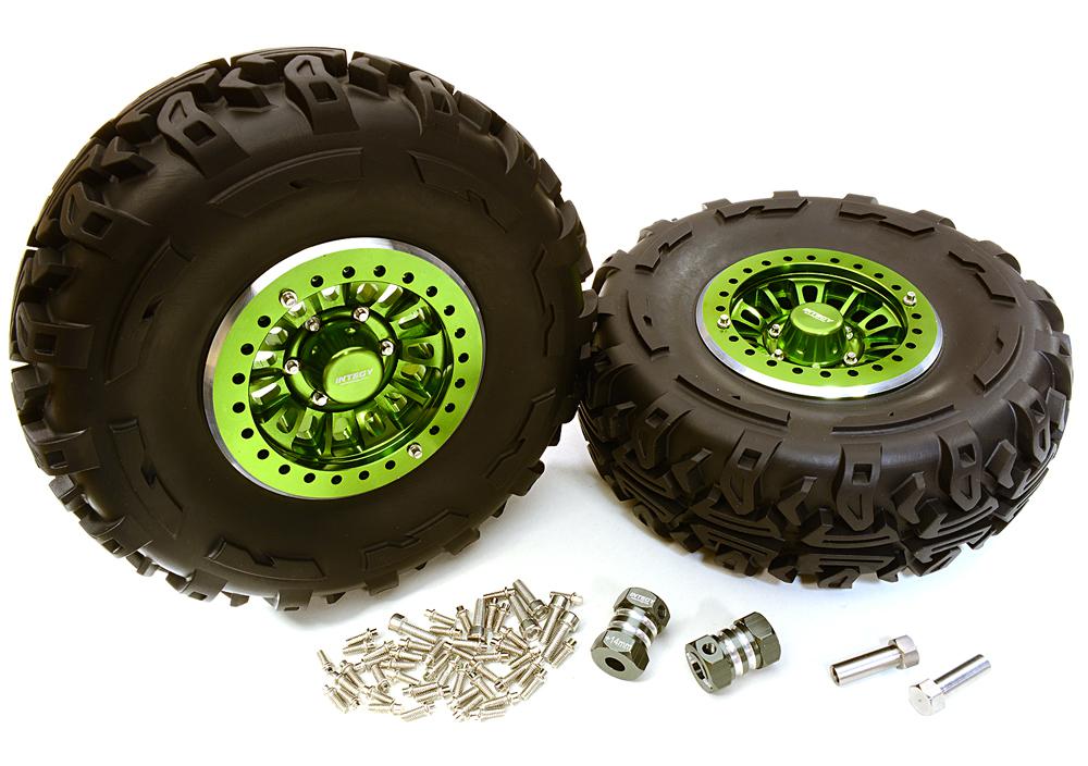 C27039GREEN 2.2x1.5-in. High Mass Alloy Wheel, Tires & 14mm Offset Hubs for 1/10 Crawler - Image 1