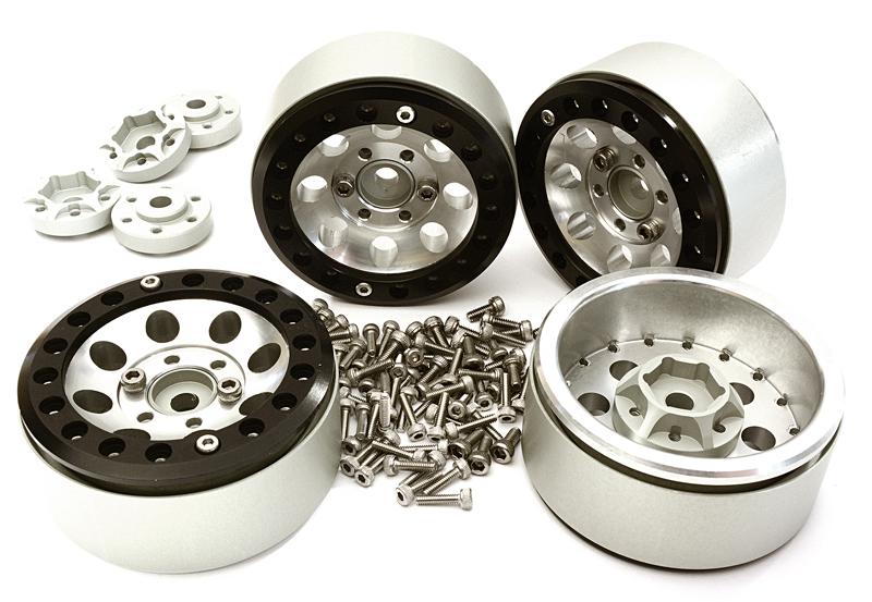C28008BLACKSILVER Billet Machined 1.9 8H Spoke Wheels w/ 0 & +3 Adapters for Traxxas TRX-4 - Image 1