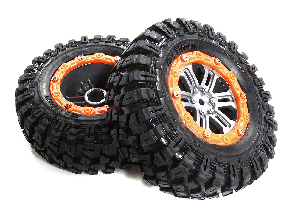 C30141ORANGE 2.2 Size Dual 6 Spoke Beadlock Wheel & Tire Set (2) for 1/10 Off-Road O.D. 115mm - Image 1