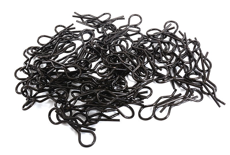 C30629BLACK Bent-Up Body Clips (100) for 1/10 Scale RC (LxW=24x8.5mm) - Image 1