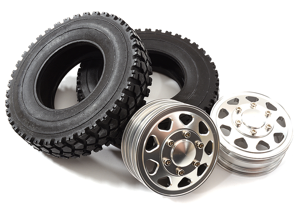 C31139 Machined Alloy Front Wheel & Tire (2) Set for Tamiya 1/14 Scale Trucks W=19mm - Image 1