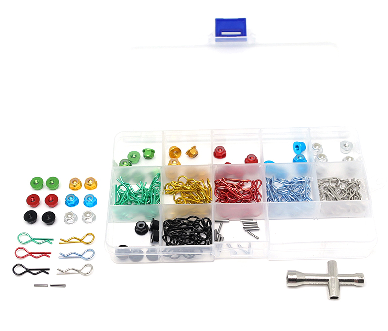 C31191 1/10 Color Body Clips, M4 Hex Wheel Nuts & 4-Way Cross Wrench w/ Carrying Box - Image 1