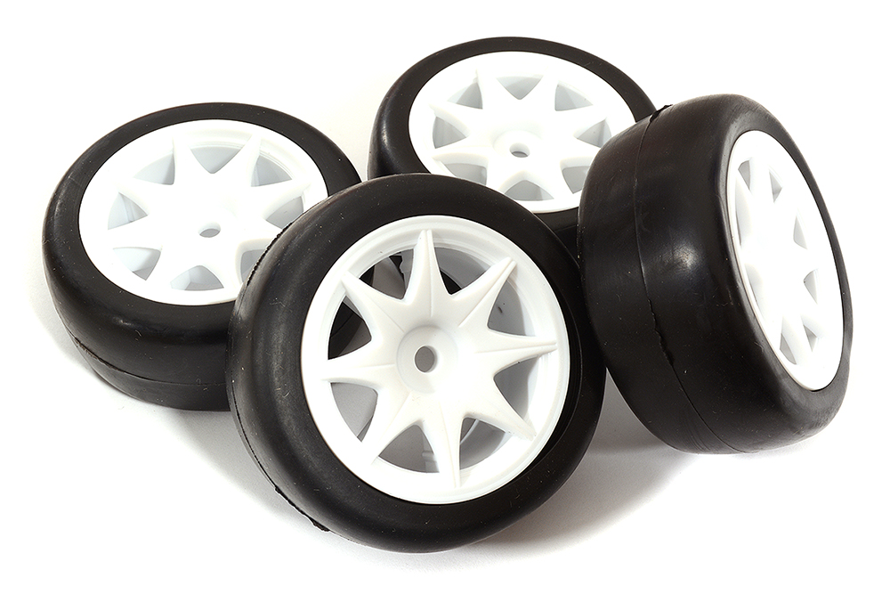 C31192 Plastic 8 Spoke Wheels w/ Rubber Slick Tires for 1/10 Mini & Tamiya M-Chassis - Image 1