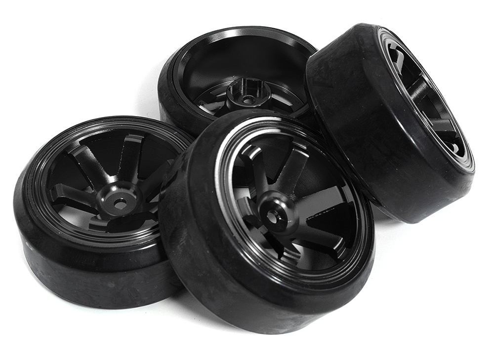 C31348BLACK 6 Spoke Wheel & Tire Set (4) for Drift Racing (O.D.=62mm) W=26mm Offset 6.5mm - Image 1