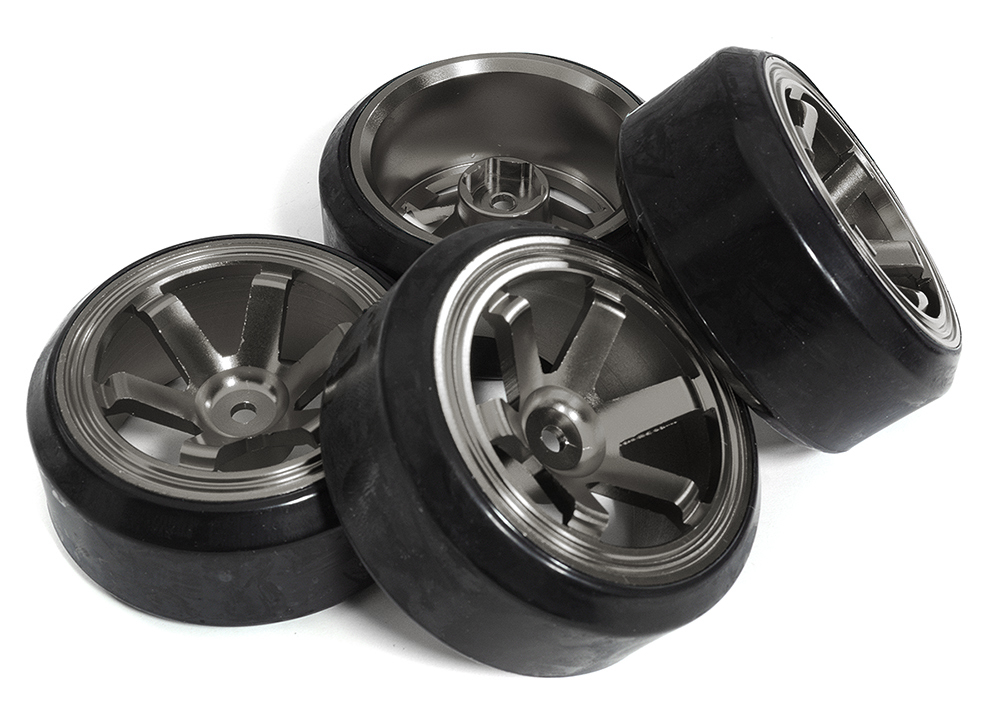 C31348GUN 6 Spoke Wheel & Tire Set (4) for Drift Racing (O.D.=62mm) W=26mm Offset 6.5mm - Image 1