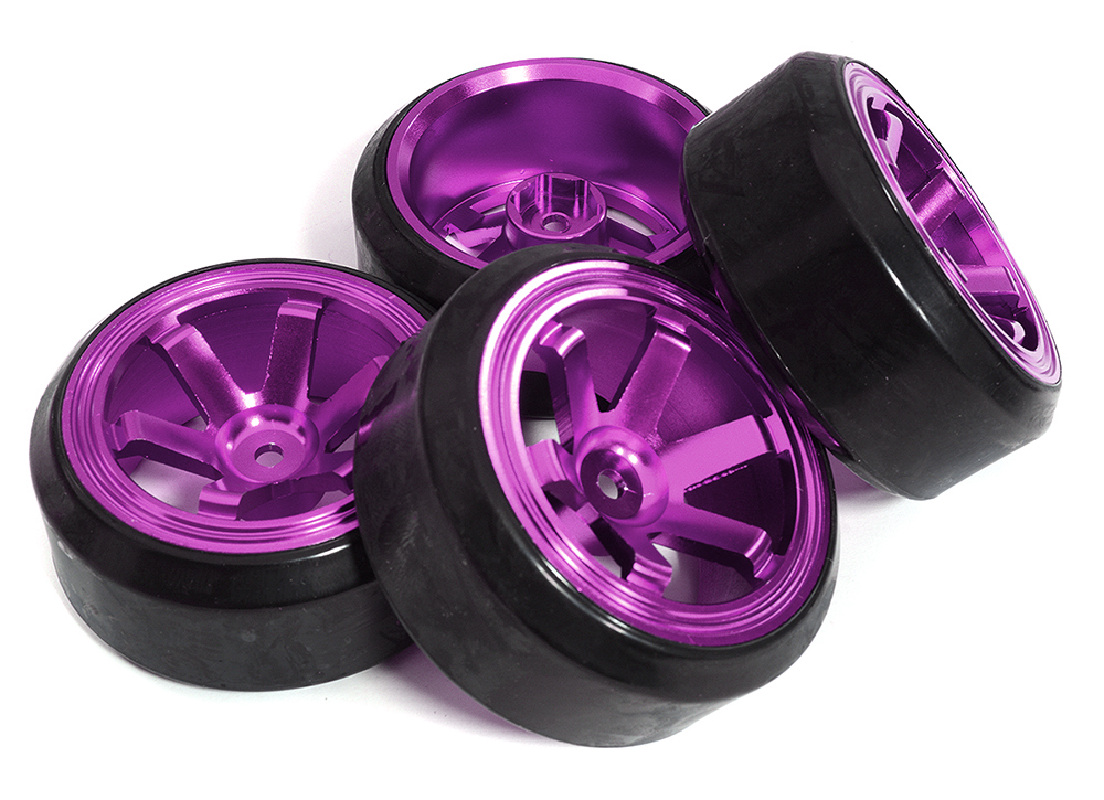 C31348PURPLE 6 Spoke Wheel & Tire Set (4) for Drift Racing (O.D.=62mm) W=26mm Offset 6.5mm - Image 1