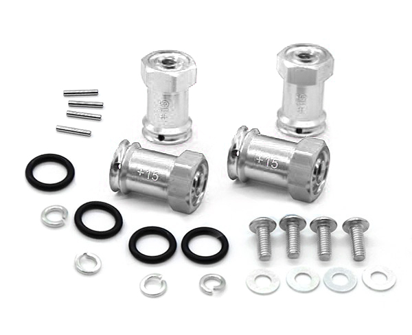C31502SILVER Silver Alloy Machined Hex Wheel Adapters +15mm Offset for 1/16 RC Cars - Image 1