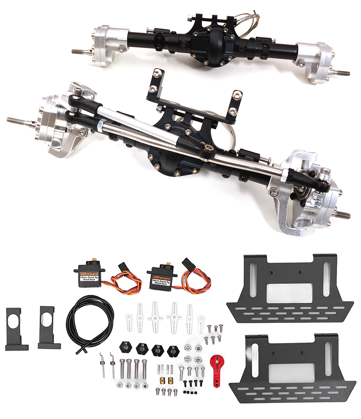 C31600BLACKSILVER 1/10 Scale Black Silver Crawler Axles with Portals, Servos & Remote Diff Locks - Image 1