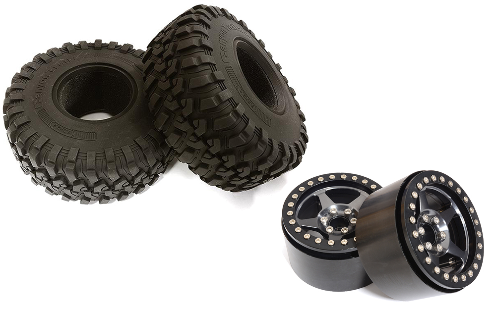 C31801GUN 2.2 Size Alloy 5 Spoke Wheels (2) w/ Tires for 1/10 Scale Crawler O.D.=132mm - Image 1