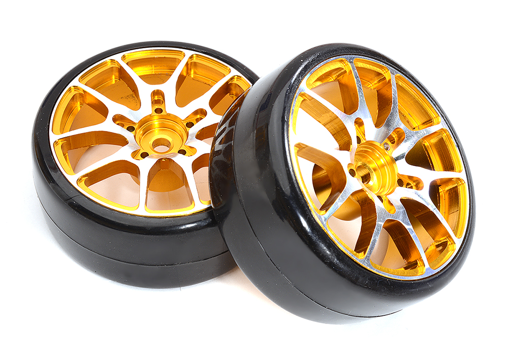 C32833GOLD Alloy Machined 10 Spoke Wheel & Tire Set (2) for 1/10 Drift W=26mm Offset 3.5mm - Image 1