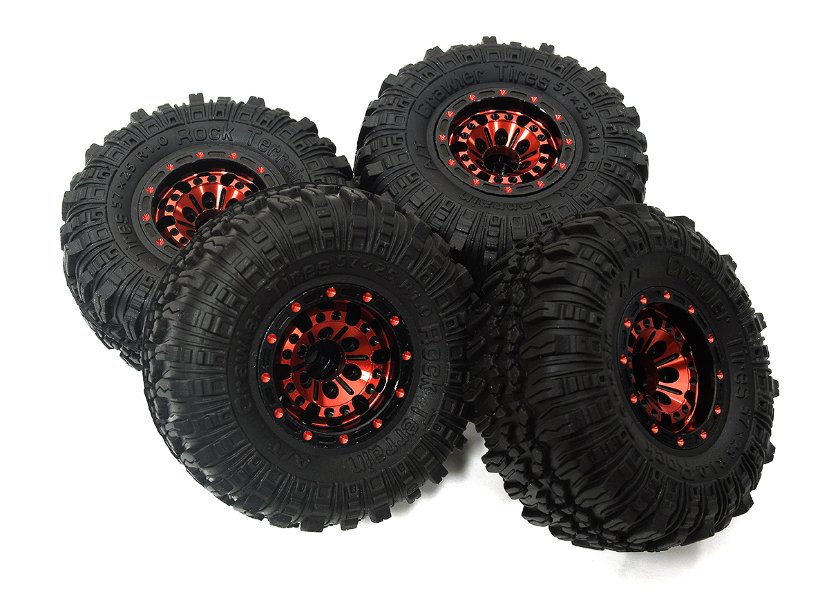 C33958RED Alloy 1.0 Wheel (4) w/ Rubber Tires for TRX-4M & SCX24 O.D.=57mm 9869 - Image 1