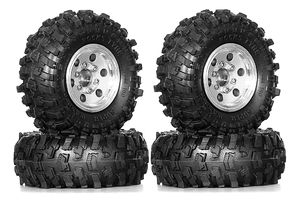 C33964SILVER Alloy 1.0 Wheel (4) w/ Rubber Tires for TRX-4M & SCX24 O.D.=51mm 9869 - Image 1