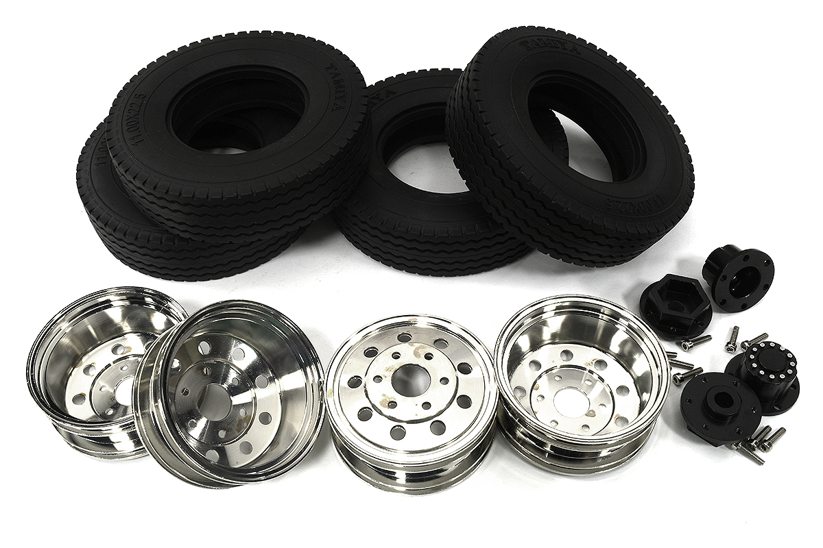 C34032 Machined Alloy Rear Dually Wheel & Tire Set for Tamiya 1/14 Scale Tractor Trucks - Image 1